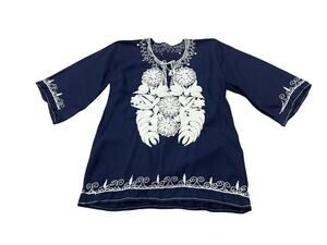 Vintage Mexican Peasant Blouse Navy Embroidered Boho Shirt top Small -